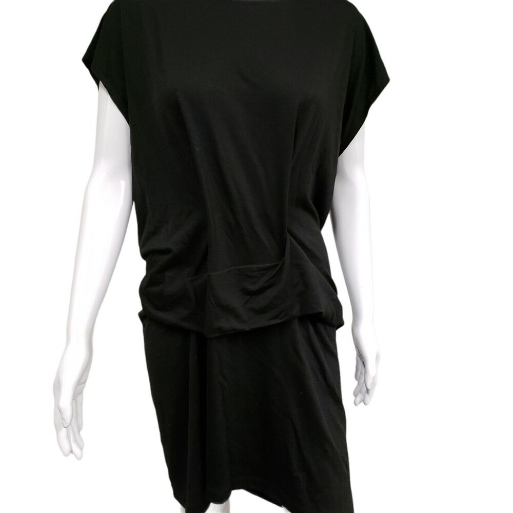 MORGANE LE FAY Black Wool Short Sleeve Asymmetrical Draped Short Dress Size S - Picture 2 of 7
